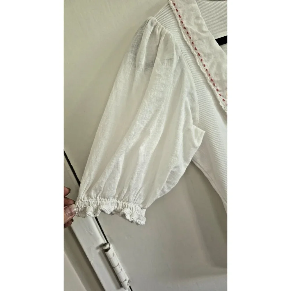 Anthropologie Floral Embroidered Collar Puff Sleeve Boho White Top Sz S
